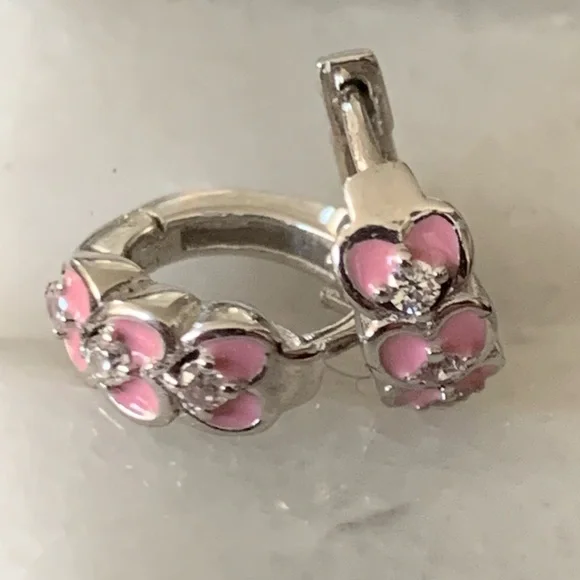 Pink Hearts Kids Earrings Sterling Silver - Picture 1 of 3